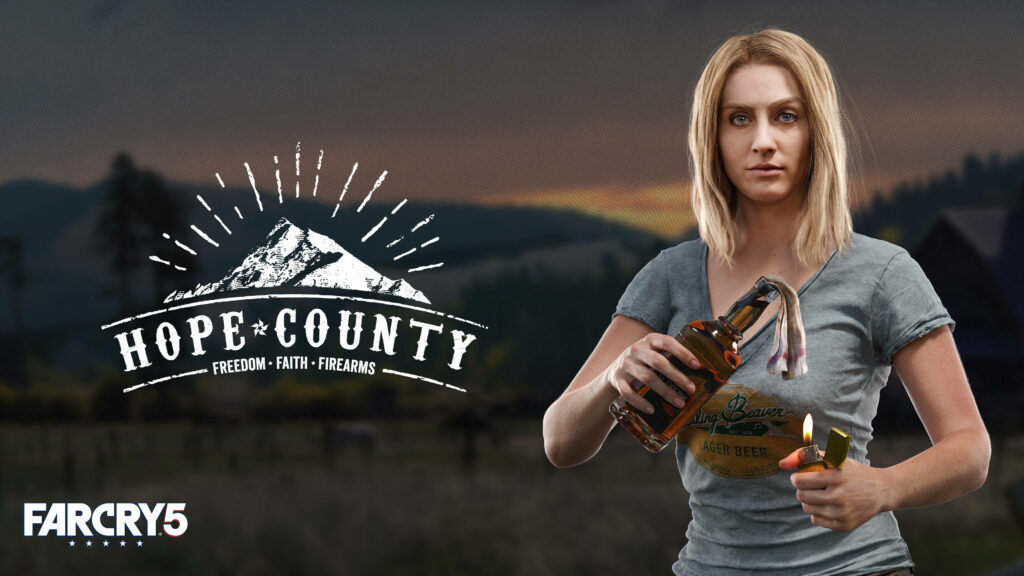 Explosive Artistry: Mary May Fairgrave Lights Up Far Cry 5's Blurry Sunset with Molotov Mayhem Wallpaper