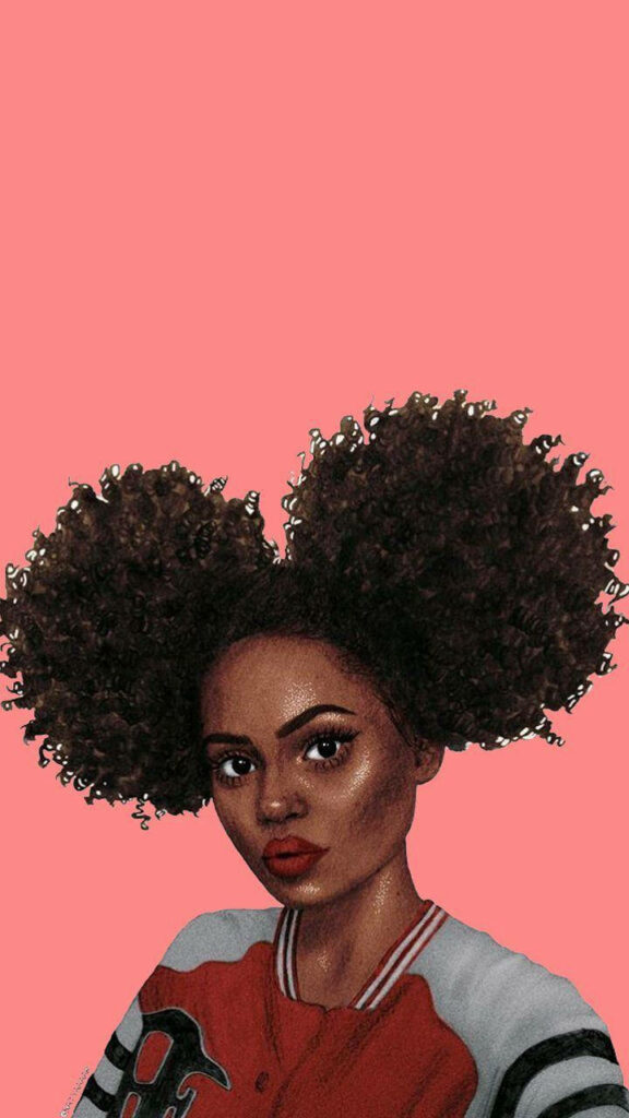 Queen of Frizz: A Stylish Black Girl Baddie Wallpaper Against a Peachy Background