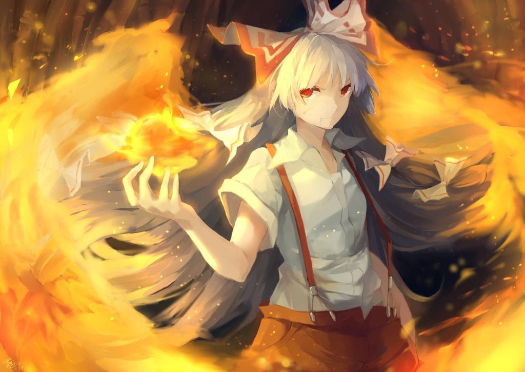 Fujiwara no Mokou anime wallpaper fiery spirit white hair red bow swirling golden flames ball fire