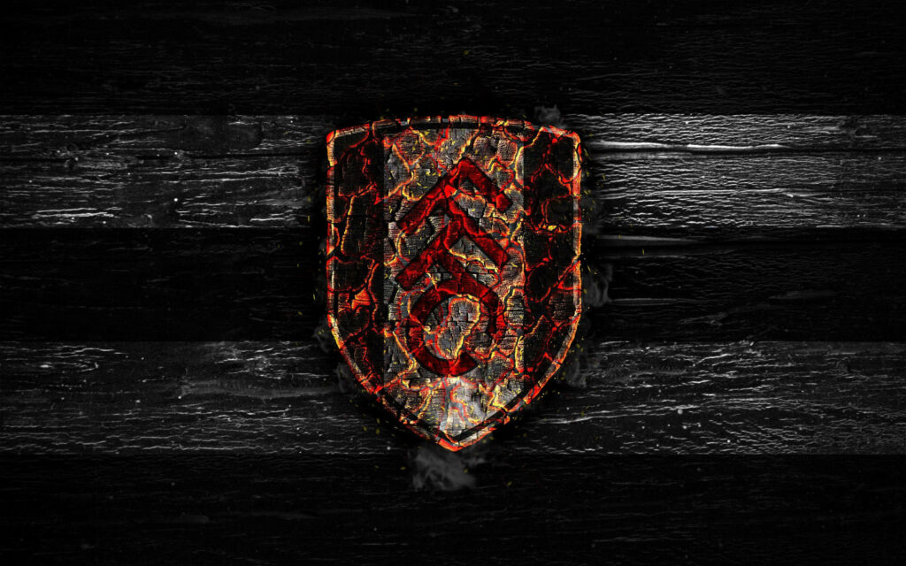 Dynamic Fulham FC Crest Wallpaper: Fiery Design & Dark Background
