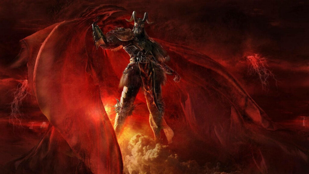 Diabolical Majesty: Infernal Entity Reigns Above Stormy Crimson Skies Wallpaper