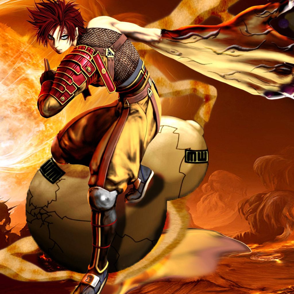 Gaara Naruto wallpaper fierce stance on gourd fiery orange hues swirling sand effects anime art