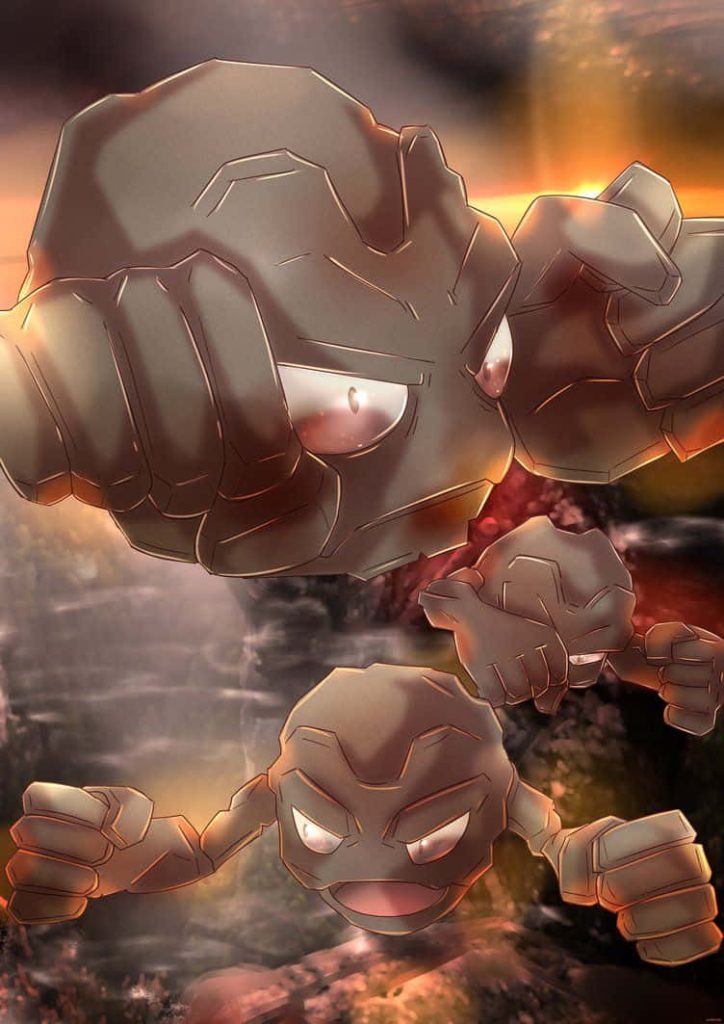 Two fierce Geodude Pokémon battle against a glowing fiery digital art wallpaper background