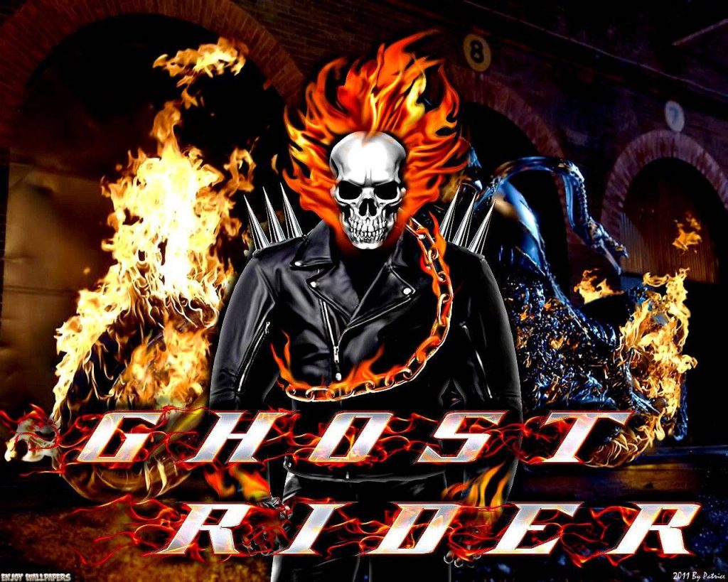 Ghost Rider fiery skull motorcycle dark urban background Marvel antihero wallpaper wallpaper