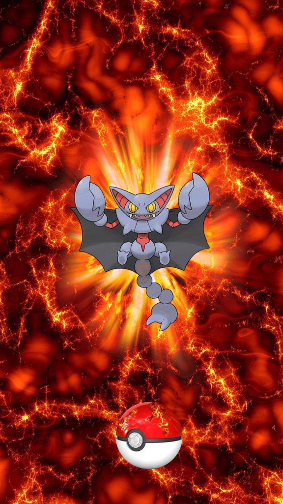 Gliscor Pokémon in fiery magma background with glowing light and Poké Ball wallpaper design