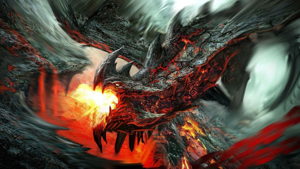 Flames of the Dragon: A Majestic Stony Creature in Fiery Splendor against a Rocky Backdrop Wallpaper