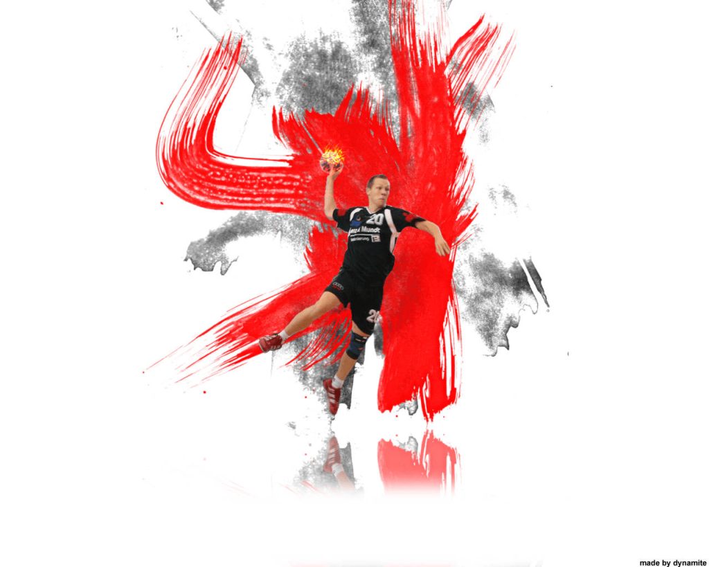 Professional handball player jumping with flaming ball fiery brush stroke art wallpaper background
