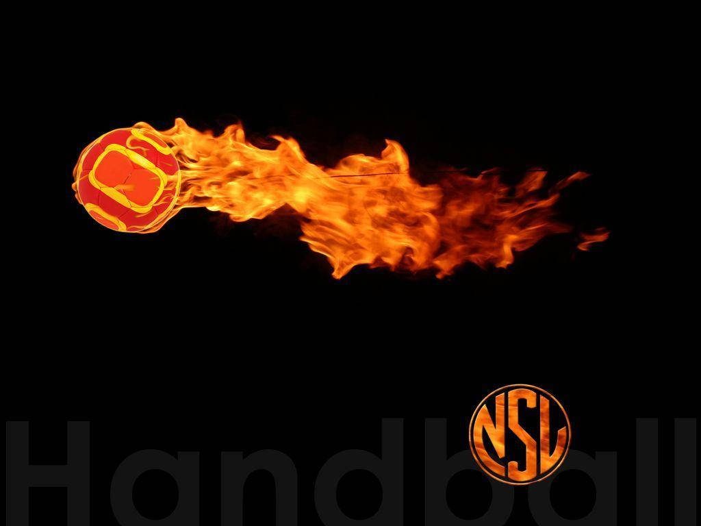 Dark fiery handball wallpaper with bright orange flames and NSD logo on black background