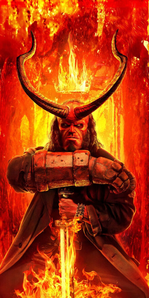 Intense Hellboy Wallpaper: Fiery Crown & Glowing Sword Background
