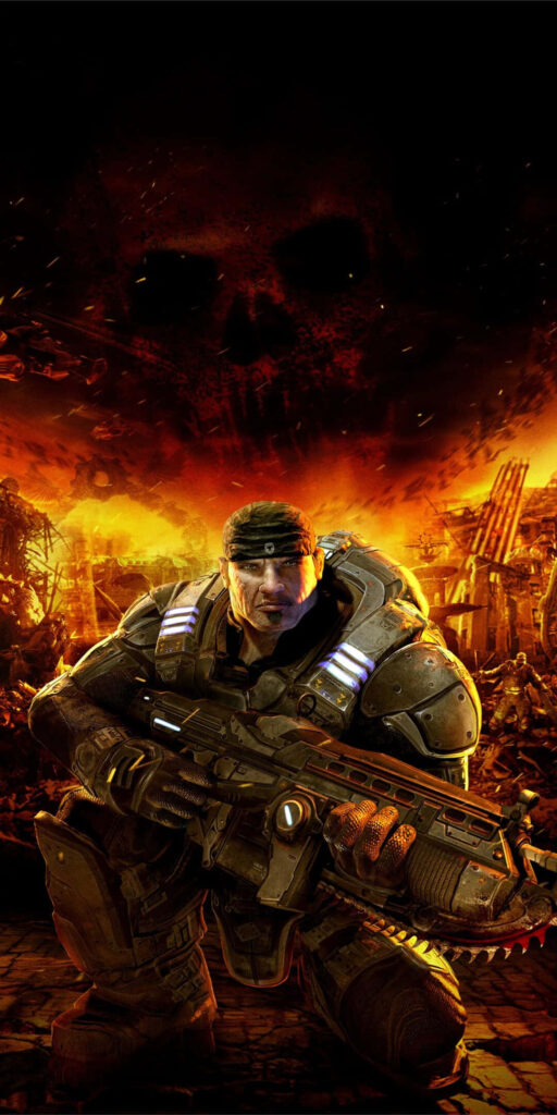 The Fiery Hero: A Breathtaking Portrait of Gears of War 5, with a Powerful Character Amidst a Blaze Wallpaper