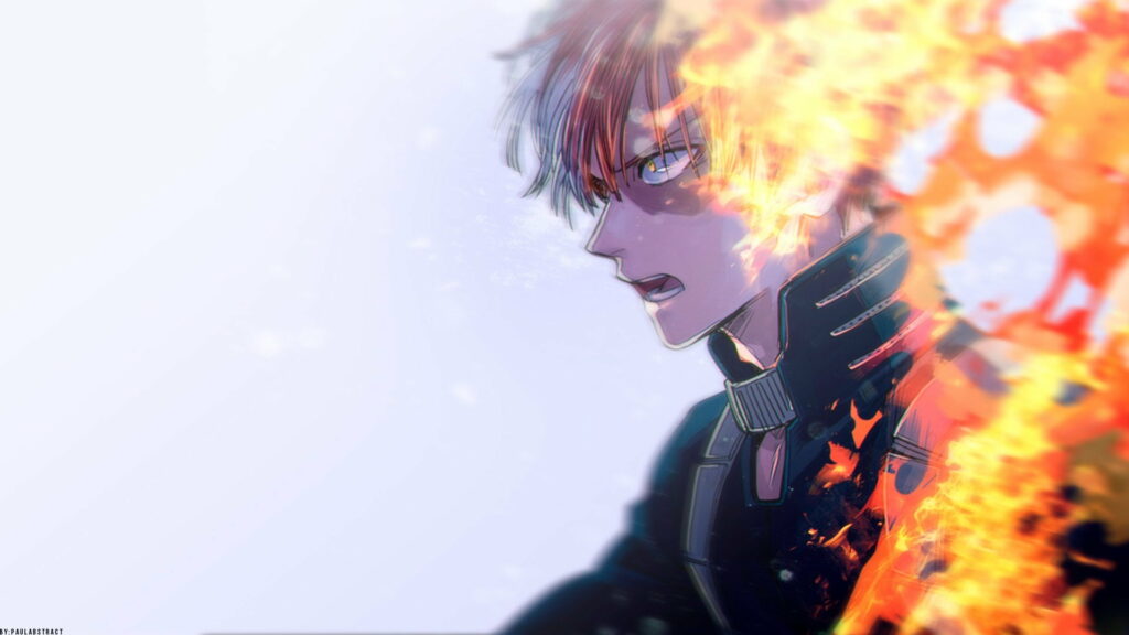 Blazing with Heroism: A My Hero Academia Inspired Anime HD Wallpaper featuring a Male Character on Flame Background