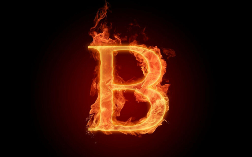Bold letter B engulfed in vivid orange flames on dark background fiery intense wallpaper design