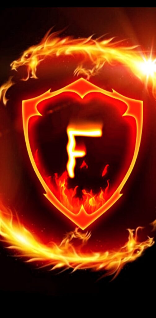 Blazing fiery letter F on shield with swirling flames vibrant orange red dynamic wallpaper background