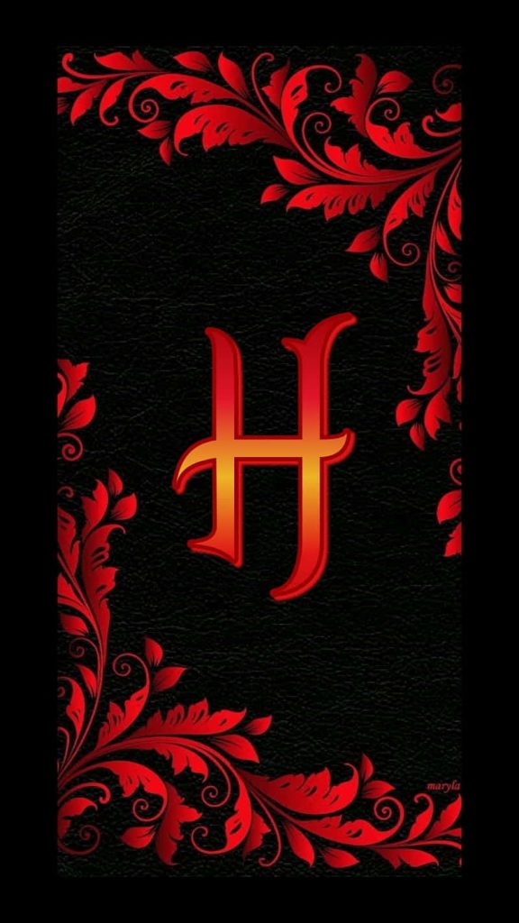 Fiery letter H digital art with red yellow gradient and swirling leaf patterns on black background Wallpaper