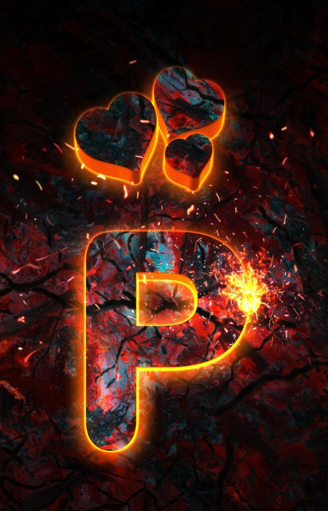 Fiery Letter P Wallpaper with Glowing Hearts on Dark Background