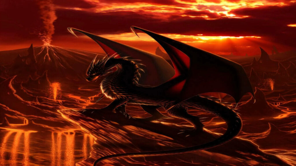 Fierce Guardian: Red Dragon Embracing the Volcanic Inferno Wallpaper