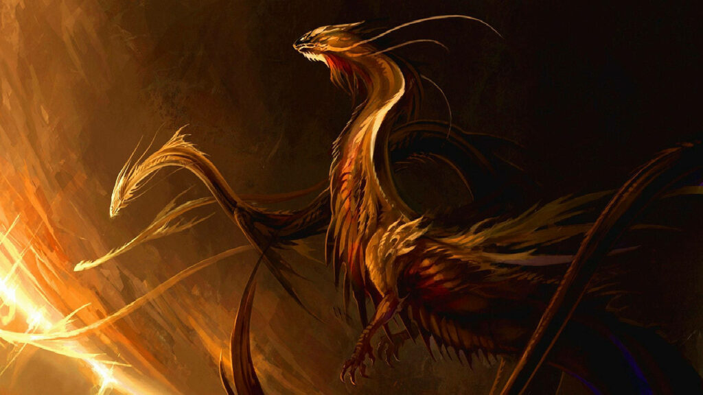 Incandescent Flames: The Majestic Feathered Sky Dragon in a Japanese Dragon PC Backdrop Wallpaper