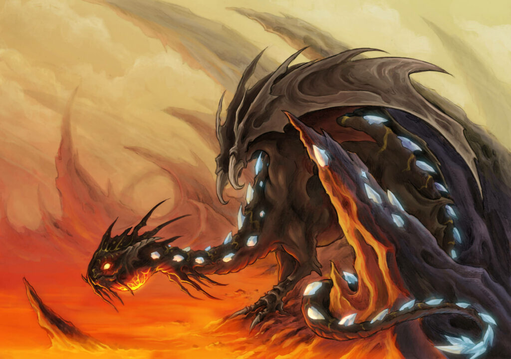 Fearsome Lava Dragon Unleashing Its Fiery Might Amidst Enigmatic Background Wallpaper