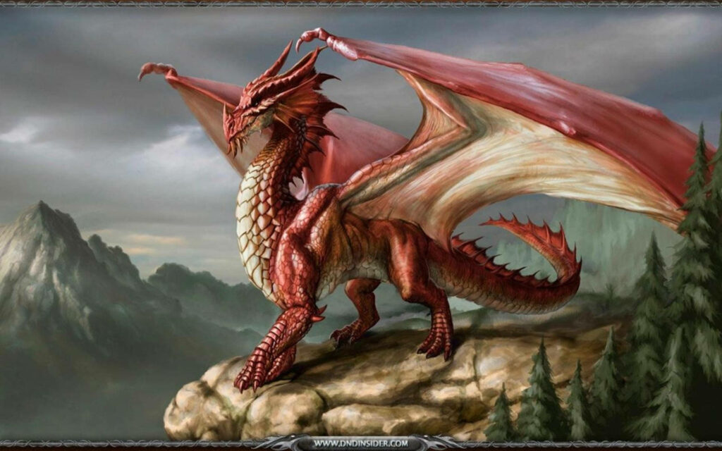 Majestic red dragon with outstretched wings on cliff in misty mountain fantasy Dungeons and Dragons wallpaper