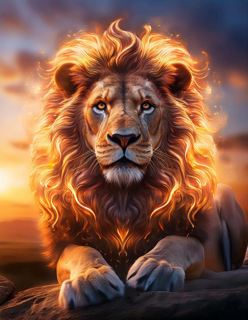 Fiery mane lion with glowing golden flames and sunset background digital art wallpaper