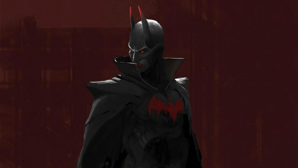 The Menacing Devil Batman: A Sinister Vigilante Embracing Darkness against a Fiery Backdrop Wallpaper