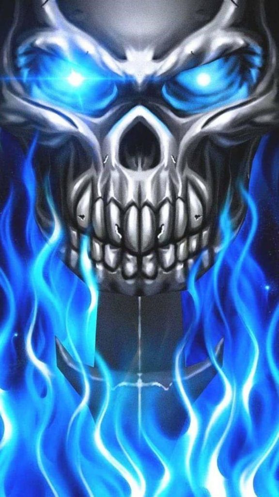 Flaming metallic skull with glowing blue eyes in vibrant blue flames dark gothic wallpaper