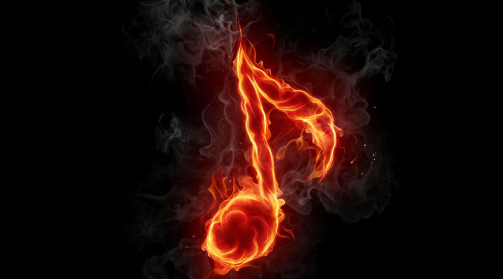 Vibrant Fiery Music Wallpaper: Orange Note in Flames on Dark Background