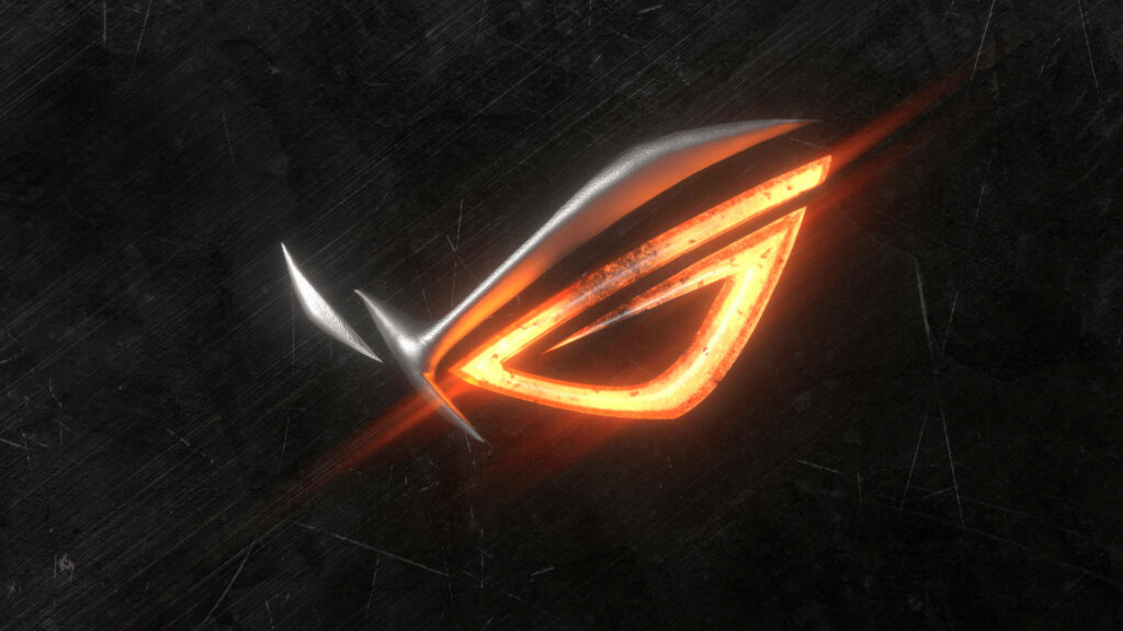 Asus ROG logo glowing orange on dark textured background vibrant gaming wallpaper design