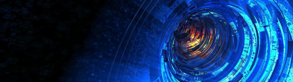 3D sci-fi mechanical vortex wallpaper fiery orange core electric blue layers dual-monitor background