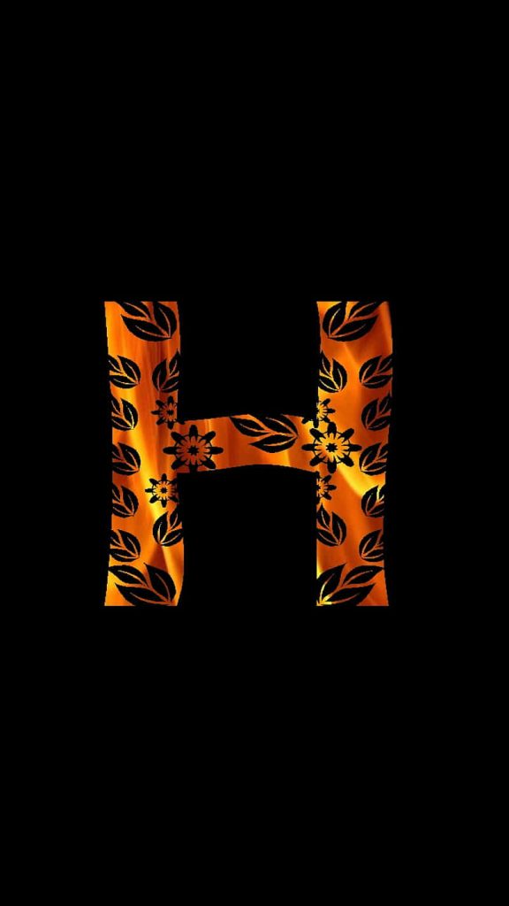 Glowing fiery orange letter H with black floral pattern on elegant high contrast wallpaper background