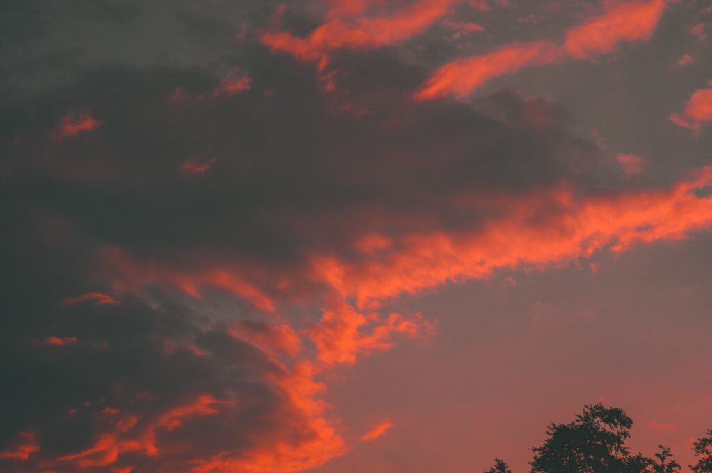 Fiery orange sunset clouds glow above dark tree silhouettes creating a serene natural background Wallpaper