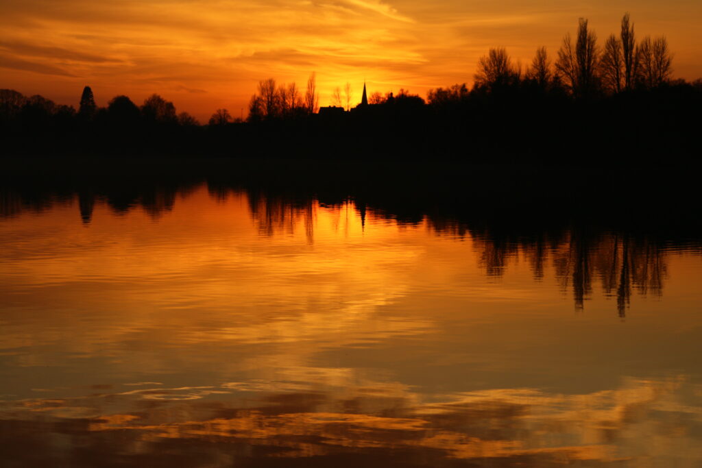 Sunset over calm water with fiery orange gold hues and silhouetted trees peaceful landscape wallpaper