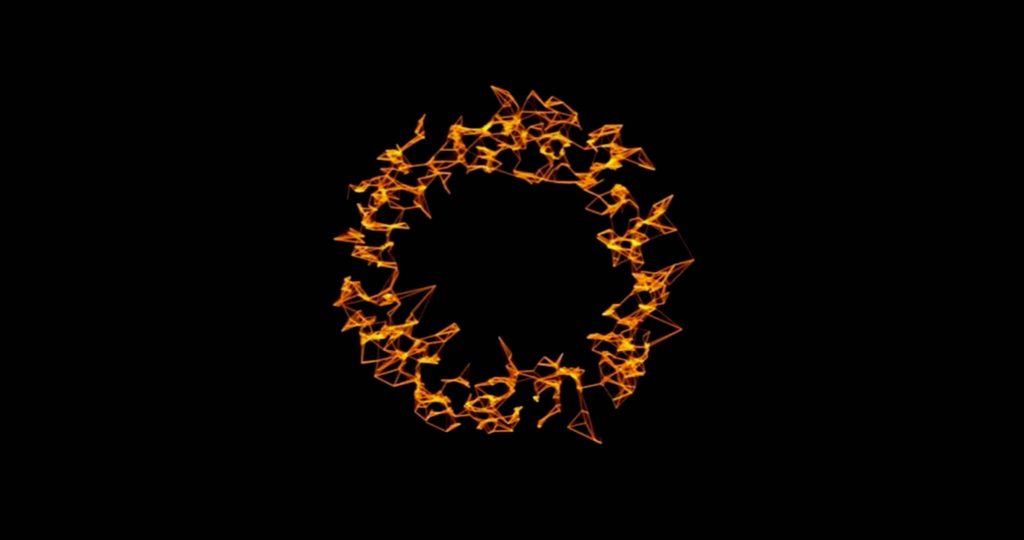 Glowing orange wireframe letter O abstract digital wallpaper on black tech background