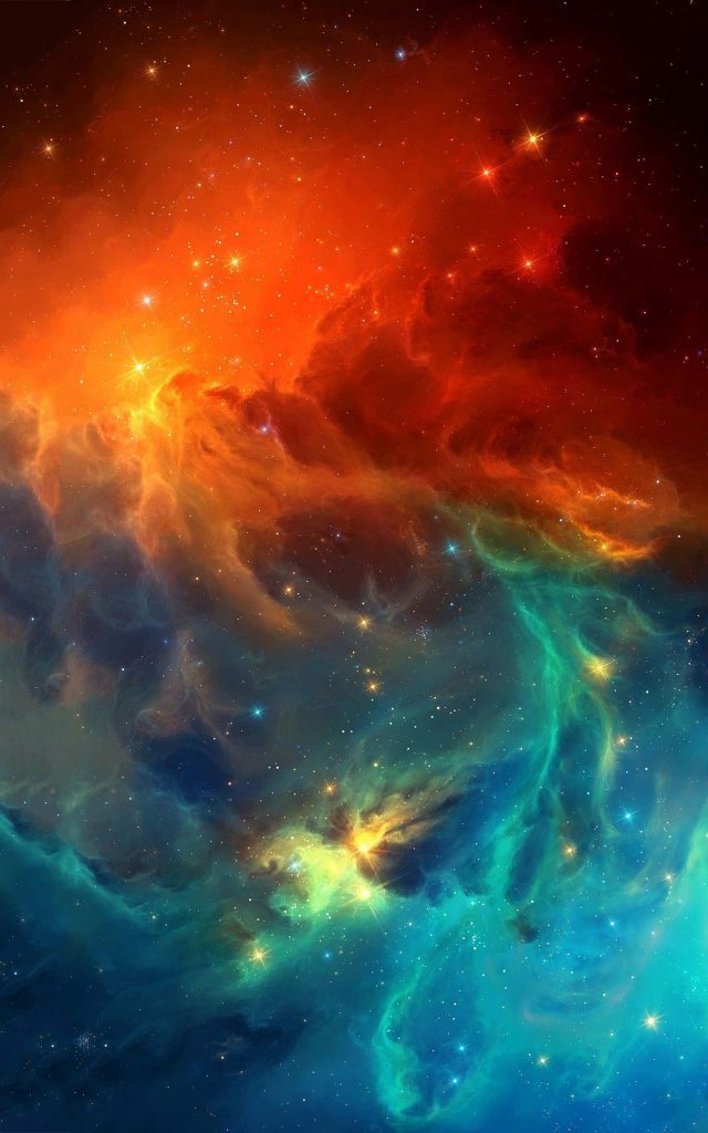 Vivid digital nebula wallpaper with fiery orange and cyan gas clouds and twinkling stars