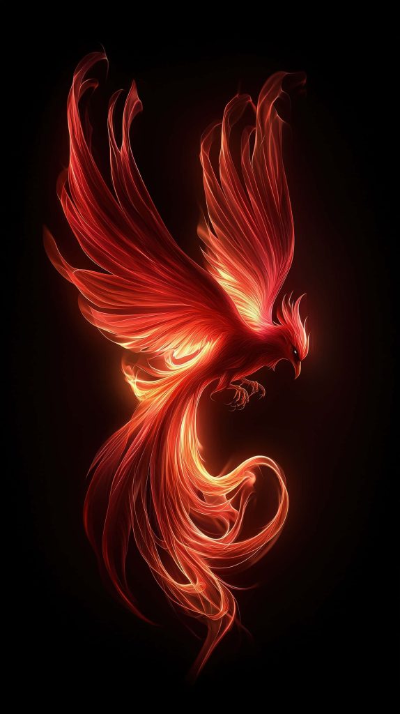 Glowing phoenix with fiery red and orange wings on black background digital art wallpaper