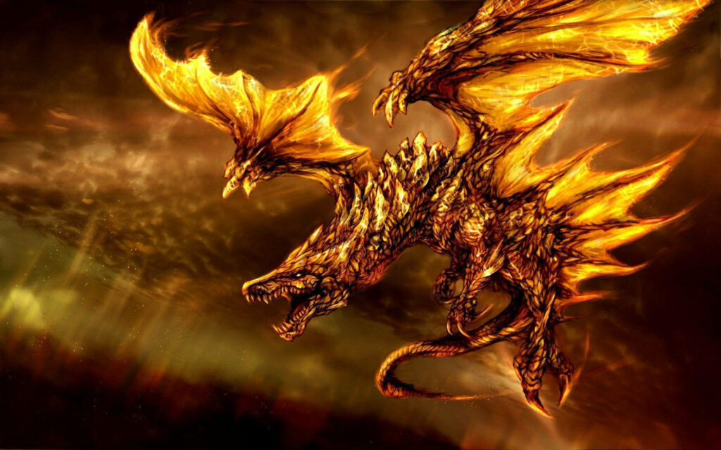 Fiery 3D Phoenix-Dragon Creature Wallpaper: Golden Flames & Dark Background