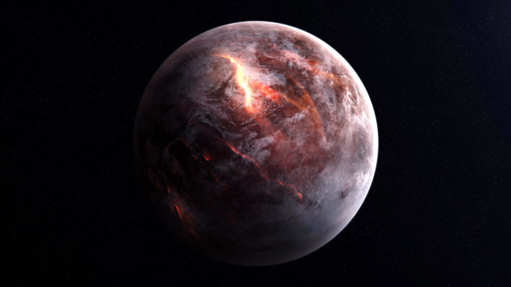 Fiery planet glowing in dark space, showcasing cosmic beauty in stunning wallpaper design.