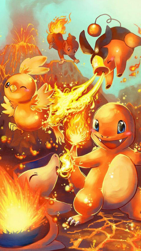 Fiery Pokémon Charmander Torchic Cyndaquil Tepig Chimchar in dynamic flames vibrant wallpaper