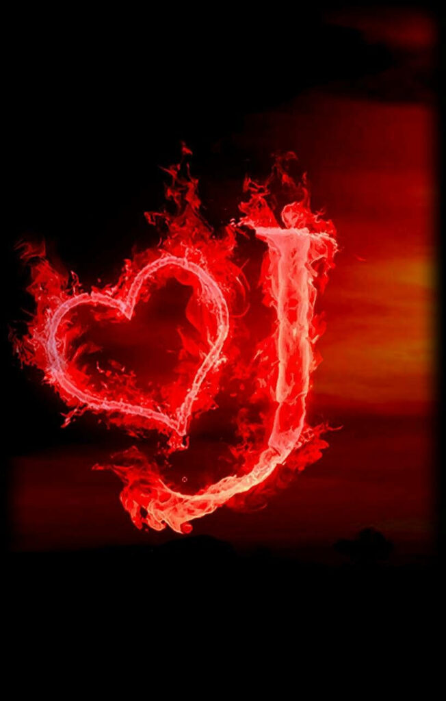Fiery Red Heart and J in Flames - Passionate Dark Background Wallpaper