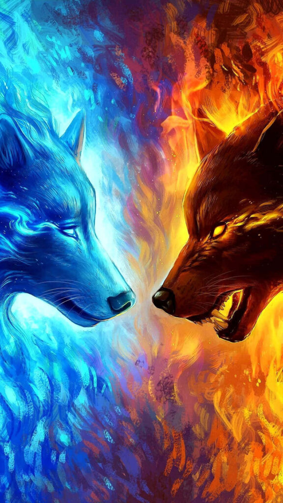 Fiery Red and Icy Blue Wolves: Dynamic Contrast Wallpaper