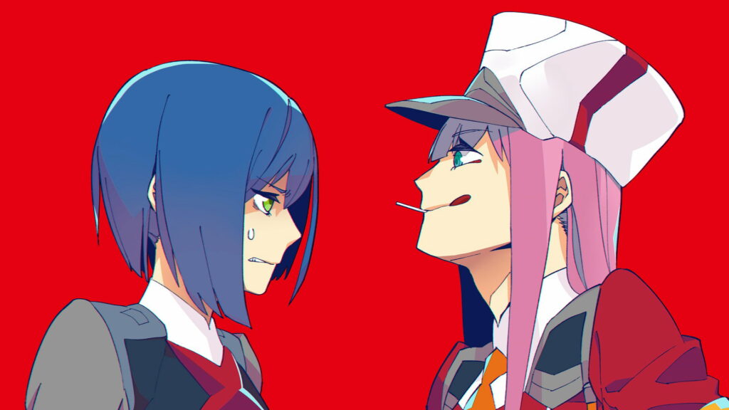 Passionate Rivalry: Zero Two and Ichigo Ignite the Red-Hot Anime Realm Wallpaper