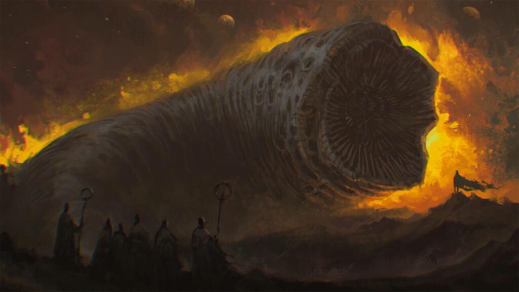 Intense Dune Sandworm Wallpaper: Fiery Desert Drama Scene