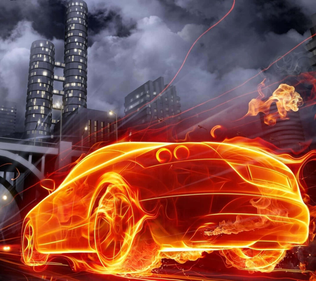 Fiery glowing sports car racing through dark cityscape fantasy art intense urban energy wallpaper