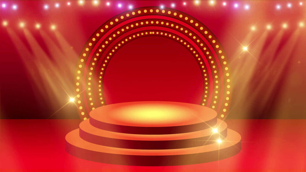 Vibrant red circular stage with glowing arch and golden spotlights for event backgrounds Wallpaper