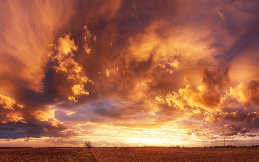 Fiery sunset over vast field with vibrant orange and gold clouds nature wallpaper background