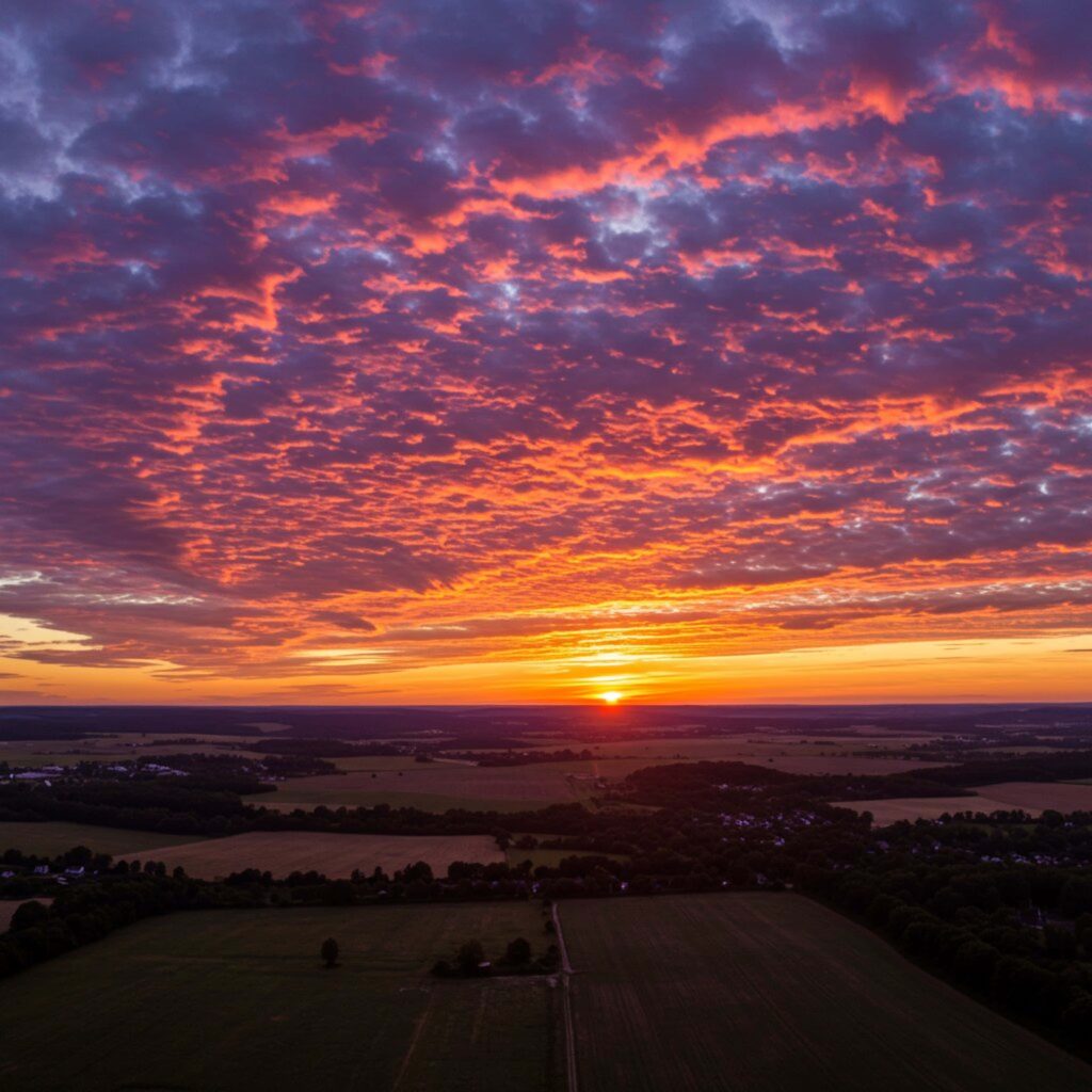 Aerial sunset over tranquil rural landscape with fiery orange red clouds serene nature wallpaper