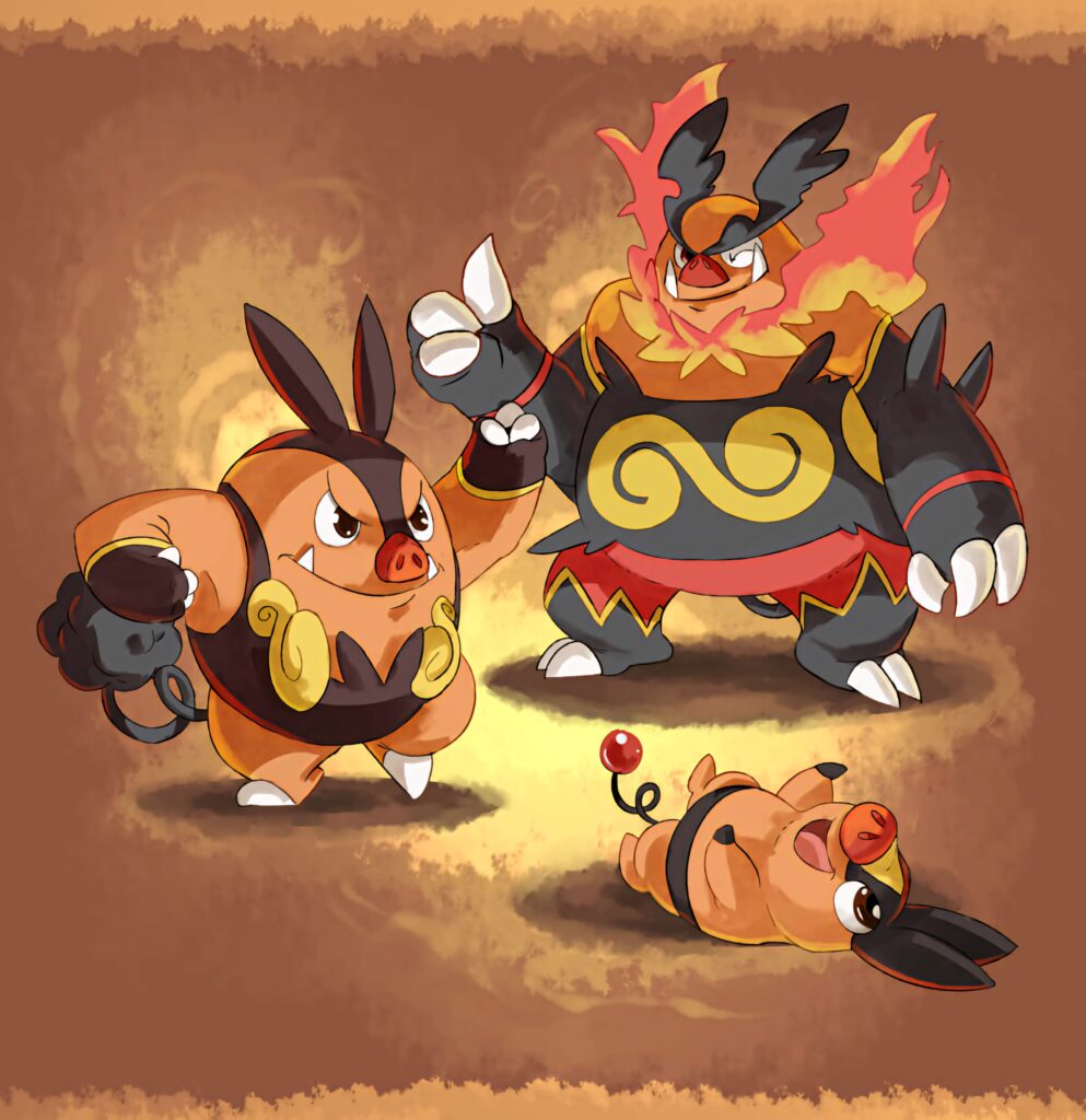 Tepig Pignite and Emboar wallpaper showcasing fiery evolution of Fire-type Pokémon in warm tones