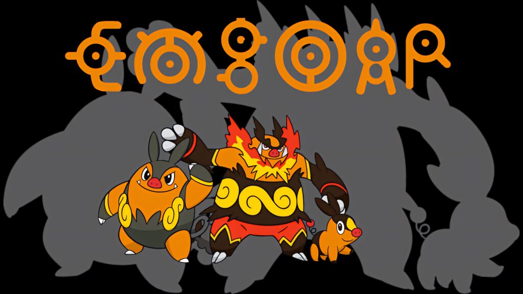 Vibrant wallpaper of Pokémon Tepig Pignite Emboar evolution with fiery silhouettes and Unown letters