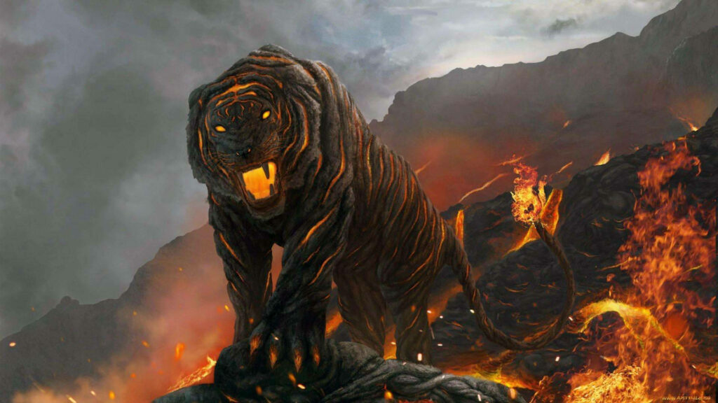 Fiery Tiger Wallpaper: Intense Lava Landscape Background