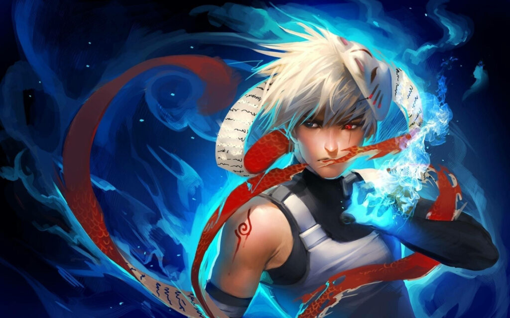 Naruto's Fiery Showdown: Unmasked Kakashi Hatake Emerges from Red Scrolls in Creative 3D Fan Art Wallpaper